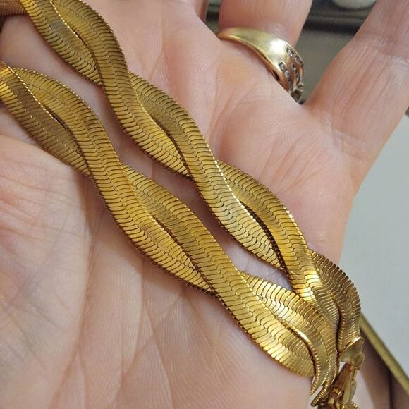 #Vintage Gold Tone #Herringbone Double Twist Layered Choker Necklace Never Worn - Picture 8 of 8
